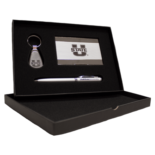 3-piece gift set with a Utah State key tag, card holder, and pen.